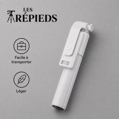 Mini trépied perche selfie blanc replié en format compact - logo Les Trépieds - infographie : facile a transporter, léger