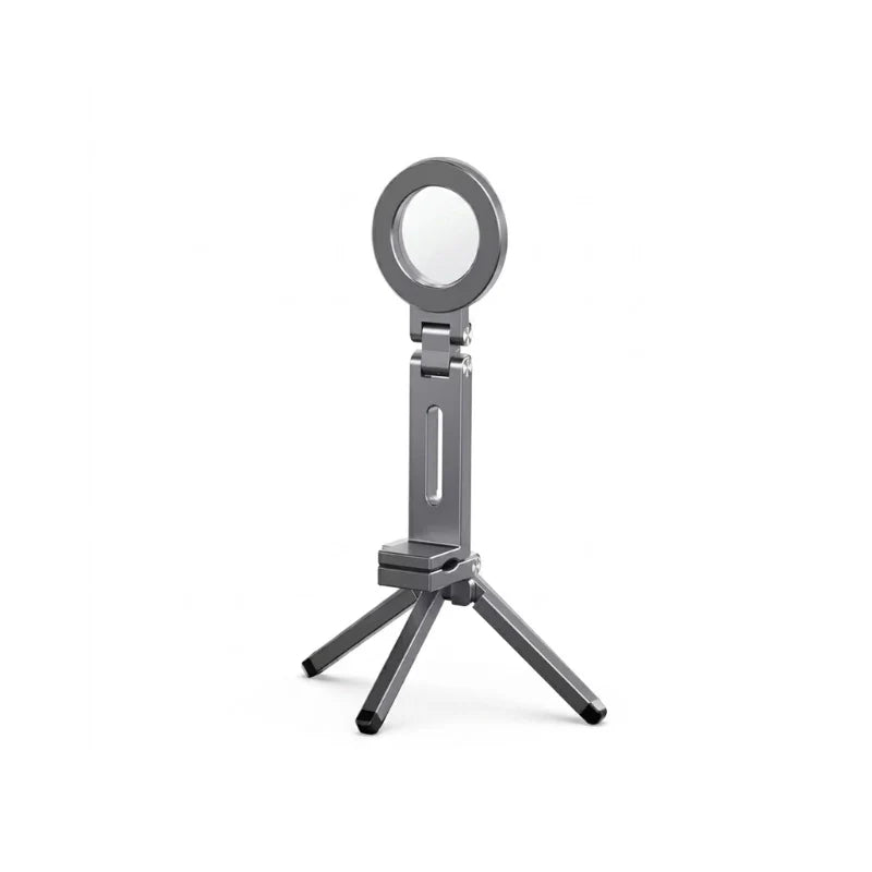 Mini trépied téléphone gris anthracite avec anneau magnétique circulaire en haut et quatre petits pieds noirs, sur fond blanc