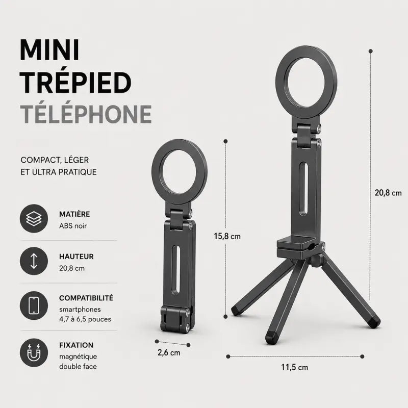 Infographie du mini trépied gris montrant les dimensions : 15,8 cm replié et 20,8 cm déplié, avec les caractéristiques matière ABS, compatibilité smartphones 4,7 à 6,5 pouces et fixation magnétique