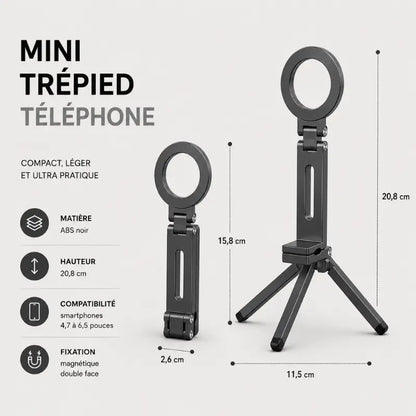Infographie du mini trépied gris montrant les dimensions : 15,8 cm replié et 20,8 cm déplié, avec les caractéristiques matière ABS, compatibilité smartphones 4,7 à 6,5 pouces et fixation magnétique