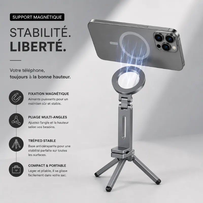Mini trépied gris avec un iPhone fixé magnétiquement sur l'anneau, illustration de la fixation magnétique par aimants puissants avec liste des avantages