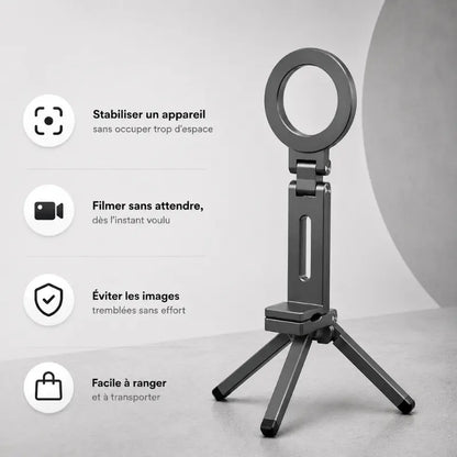 Mini trépied gris déplié posé sur fond gris clair, avec liste des utilisations : stabiliser un appareil, filmer sans attendre, éviter les images tremblées, facile à ranger
