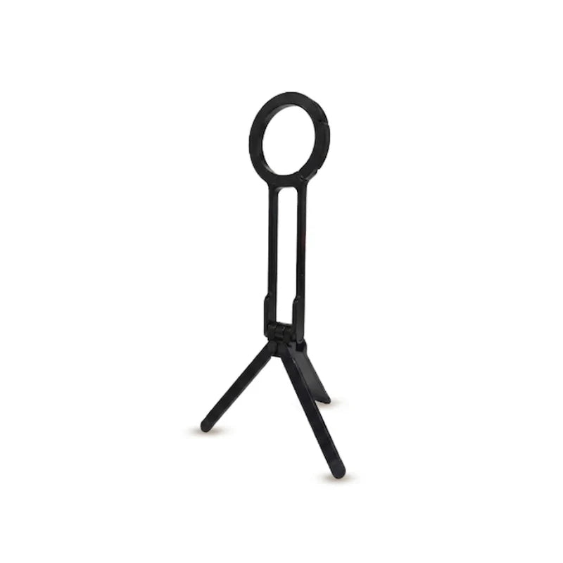 Mini trépied téléphone noir magnétique 21 cm avec anneau magnétique circulaire noir sur fond blanc