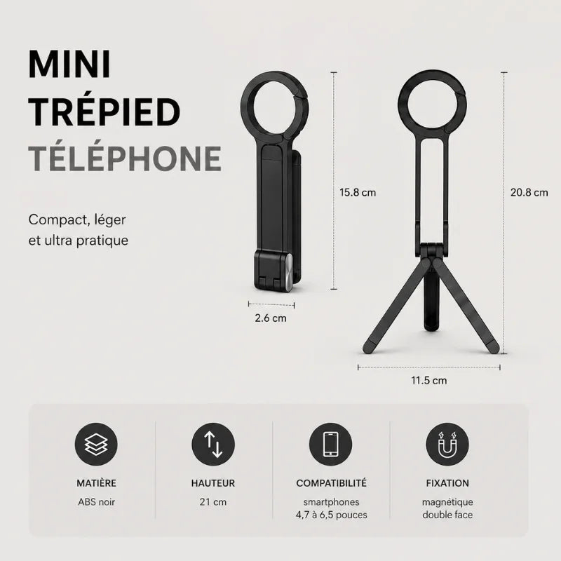 Infographie dimensions mini trépied magnétique noir : 15,8 cm replié, 20,8 cm déplié, hauteur 21 cm, compatible smartphones 4,7 à 6,5 pouces