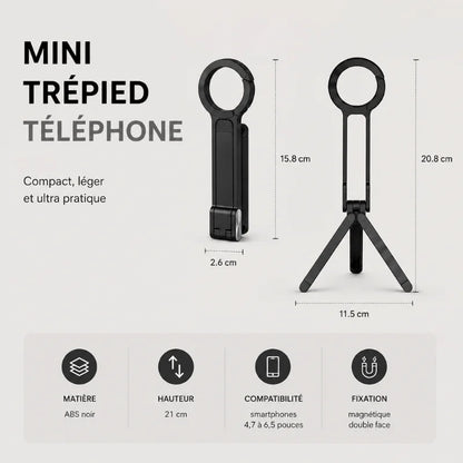 Infographie dimensions mini trépied magnétique noir : 15,8 cm replié, 20,8 cm déplié, hauteur 21 cm, compatible smartphones 4,7 à 6,5 pouces