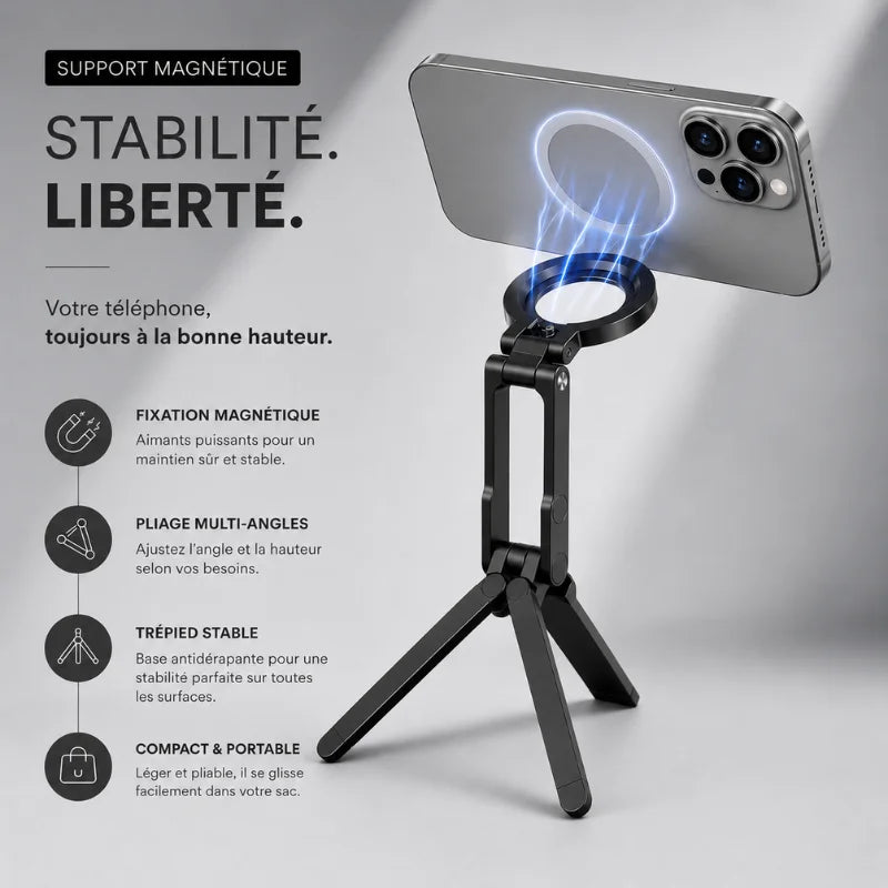 Infographie avantages mini trépied magnétique noir avec iPhone : stabilité, fixation magnétique, pliage multi-angles, trépied stable, compact et portable