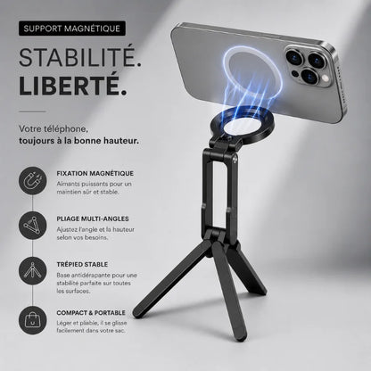 Infographie avantages mini trépied magnétique noir avec iPhone : stabilité, fixation magnétique, pliage multi-angles, trépied stable, compact et portable