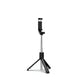 Mini trépied perche selfie téléphone noir extensible 70 cm avec support pince noir en haut et trois pieds déployés, sur fond blanc