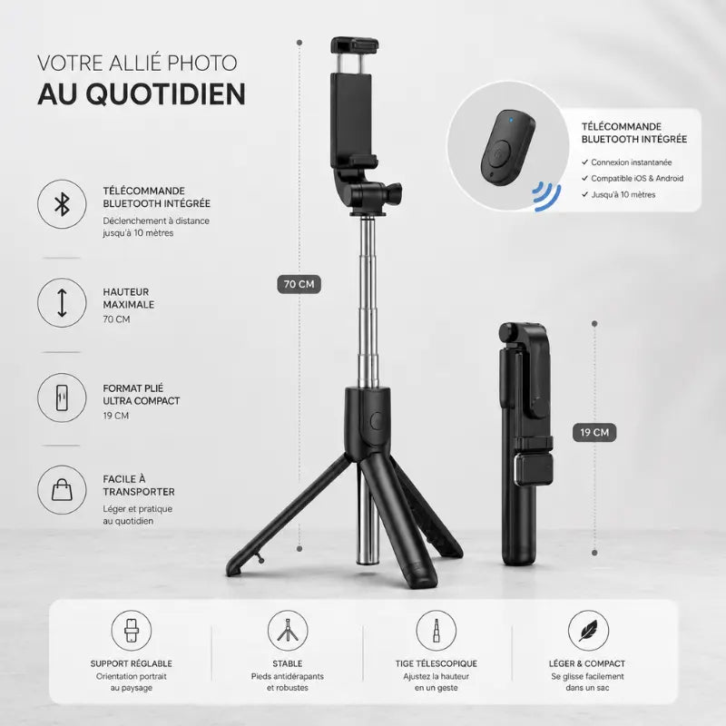 Infographie mini trépied bluetooth noir : télécommande bluetooth intégrée jusqu a 10 metres, hauteur 70 cm, format plie 19 cm - support réglable, stable, tige télescopique, léger et compact