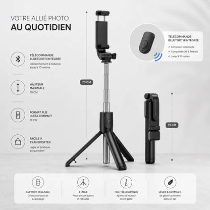 Infographie mini trépied bluetooth noir : télécommande bluetooth intégrée jusqu a 10 metres, hauteur 70 cm, format plie 19 cm - support réglable, stable, tige télescopique, léger et compact