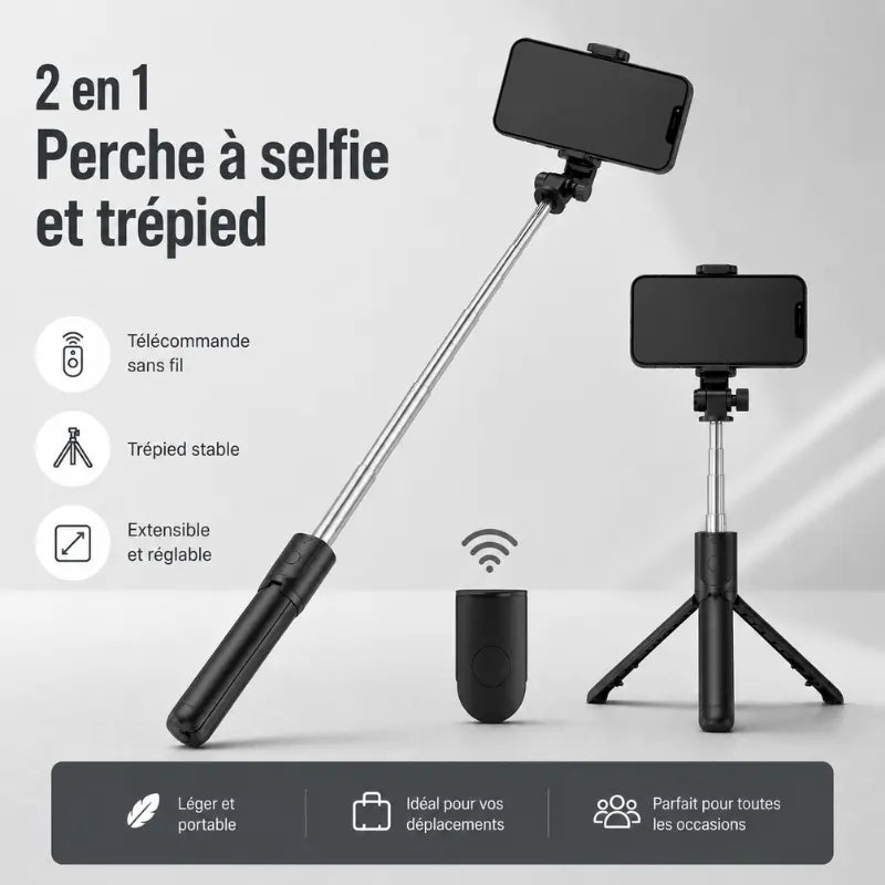 Infographie 2 en 1 perche selfie et trépied noir avec téléphone et télécommande Bluetooth - 3 avantages : léger et portable, idéal pour vos déplacements, parfait pour toutes les occasions