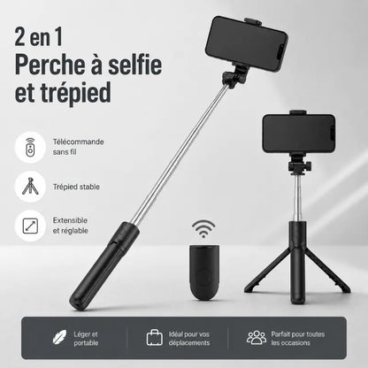 Infographie 2 en 1 perche selfie et trépied noir avec téléphone et télécommande Bluetooth - 3 avantages : léger et portable, idéal pour vos déplacements, parfait pour toutes les occasions