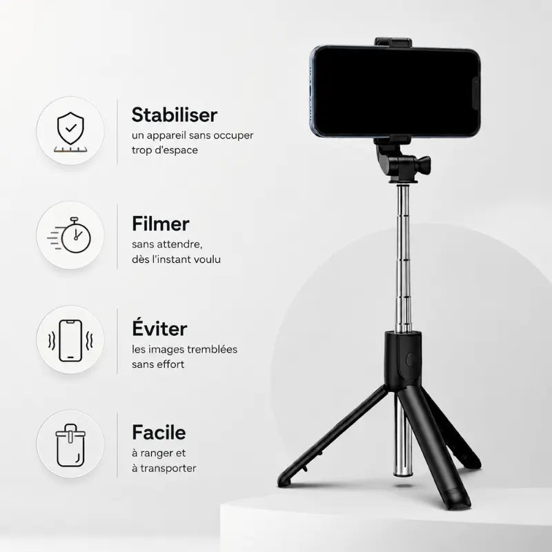 Trépied perche selfie noir avec smartphone fixé - infographie 4 usages : stabiliser un appareil, filmer sans attendre, eviter les images tremblees sans effort, facile a ranger et transporter