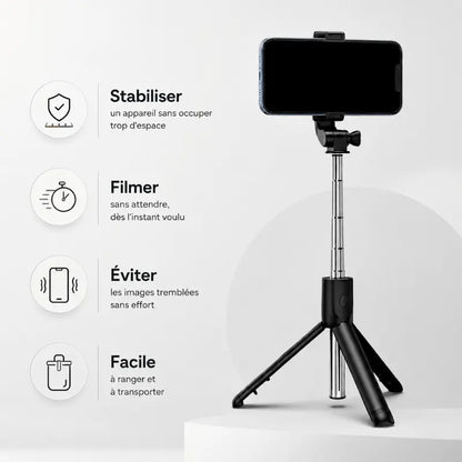 Trépied perche selfie noir avec smartphone fixé - infographie 4 usages : stabiliser un appareil, filmer sans attendre, eviter les images tremblees sans effort, facile a ranger et transporter