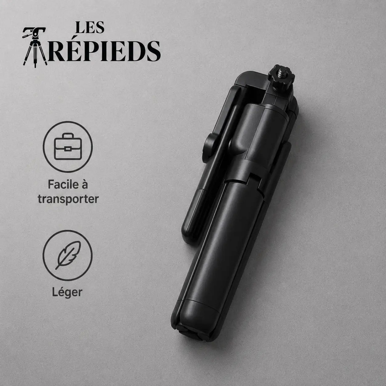 Mini trépied perche selfie noir replié à plat sur fond gris - logo Les Trépieds - infographie : facile a transporter, léger