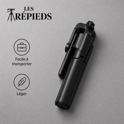 Mini trépied perche selfie noir replié à plat sur fond gris - logo Les Trépieds - infographie : facile a transporter, léger