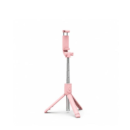 Mini trépied téléphone rose avec tige télescopique argentée, support pince en haut et trois pieds roses déployés, sur fond blanc