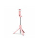 Mini trépied téléphone rose avec tige télescopique argentée, support pince en haut et trois pieds roses déployés, sur fond blanc