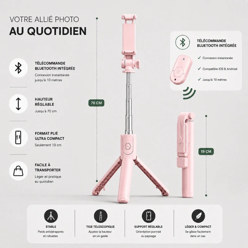 Infographie du mini trépied rose montrant la hauteur de 70 cm déplié et 19 cm replié, avec télécommande Bluetooth séparée et les caractéristiques : stable, extensible, support réglable et léger
