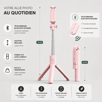 Infographie du mini trépied rose montrant la hauteur de 70 cm déplié et 19 cm replié, avec télécommande Bluetooth séparée et les caractéristiques : stable, extensible, support réglable et léger