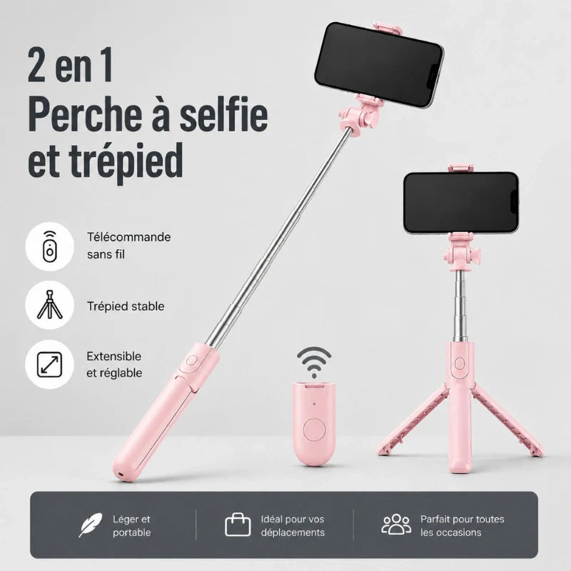 Illustration 2 en 1 : à gauche en mode perche à selfie avec un smartphone, à droite en mode trépied avec smartphone, et télécommande Bluetooth rose posée entre les deux
