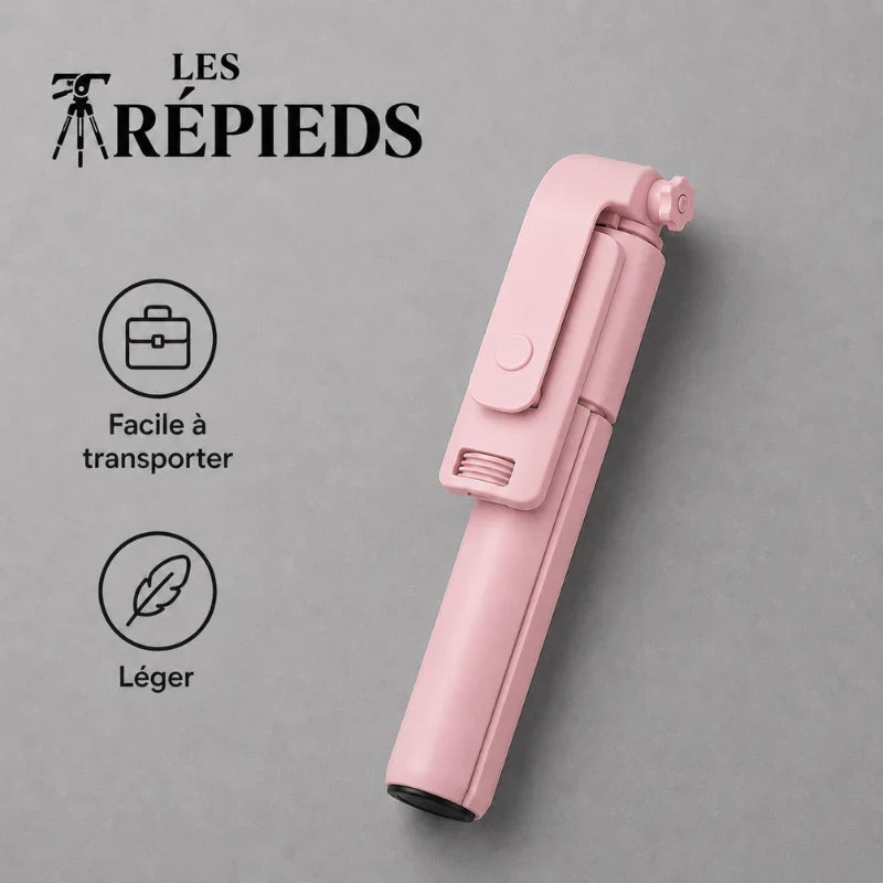 Mini trépied rose complètement replié posé à plat sur fond gris, très compact, logo Les Trépieds, avec les mentions facile à transporter et léger