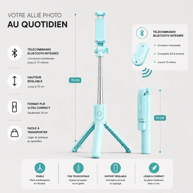 Infographie mini trépied turquoise 70 cm : télécommande Bluetooth intégrée jusqu a 10 m, hauteur réglable 70 cm, format plie 19 cm, facile a transporter - 4 avantages : stable, tige télescopique, support réglable, léger et compact