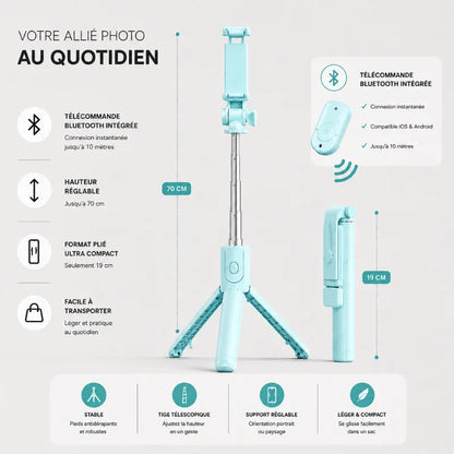 Infographie mini trépied turquoise 70 cm : télécommande Bluetooth intégrée jusqu a 10 m, hauteur réglable 70 cm, format plie 19 cm, facile a transporter - 4 avantages : stable, tige télescopique, support réglable, léger et compact