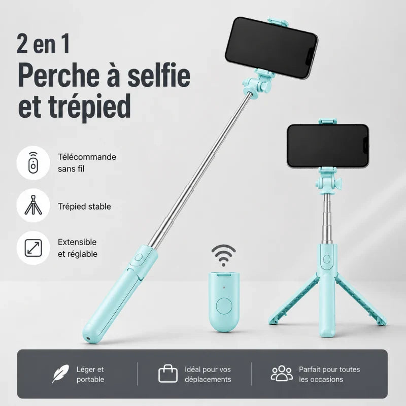 Infographie mini trépied 2 en 1 turquoise perche a selfie et trépied avec télécommande sans fil, trépied stable, extensible et réglable - léger et portable, idéal pour déplacements, parfait pour toutes occasions