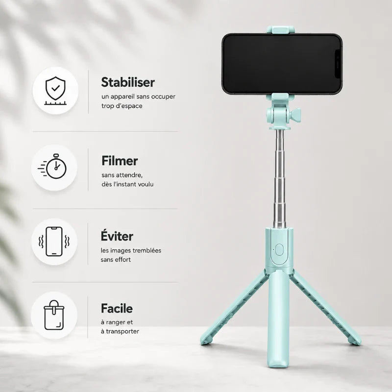 Mini trépied perche selfie turquoise avec smartphone fixé en mode portrait - infographie 4 avantages : stabiliser sans occuper trop d espace, filmer sans attendre, eviter images tremblees, facile a ranger et transporter