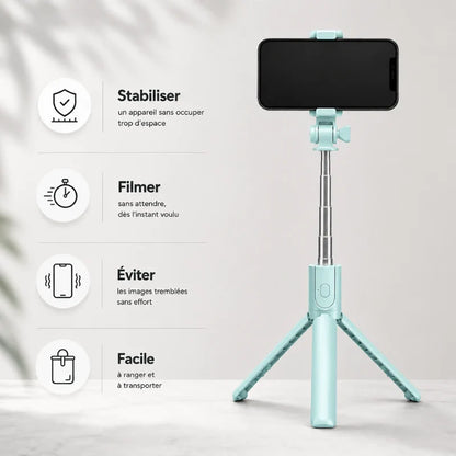 Mini trépied perche selfie turquoise avec smartphone fixé en mode portrait - infographie 4 avantages : stabiliser sans occuper trop d espace, filmer sans attendre, eviter images tremblees, facile a ranger et transporter