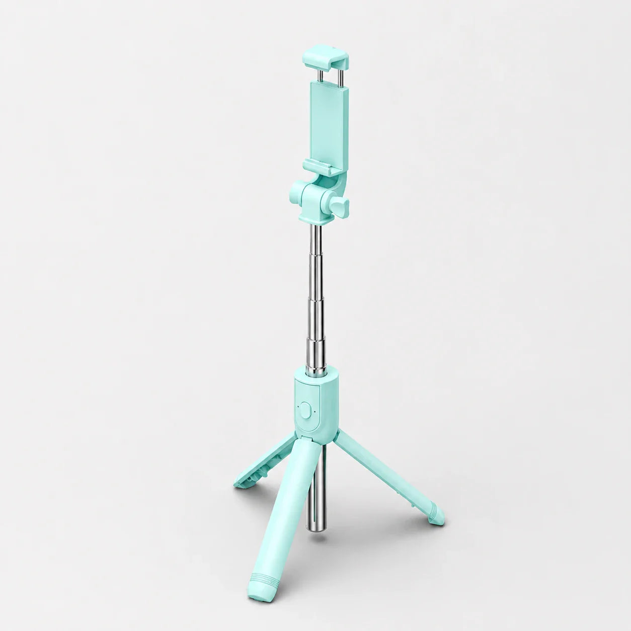 Mini trépied perche selfie turquoise et argent extensible en vue trois quarts, support téléphone turquoise, trois pieds déployés, sur fond gris clair