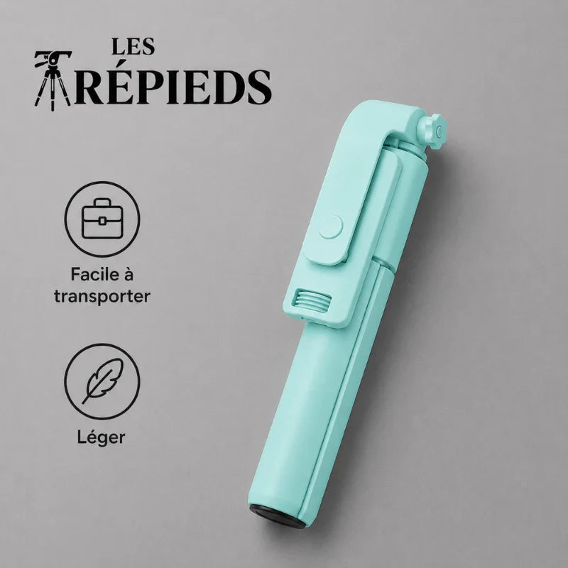 Mini trépied perche selfie turquoise replié en format compact 19 cm - logo Les Trépieds - infographie : facile a transporter, léger
