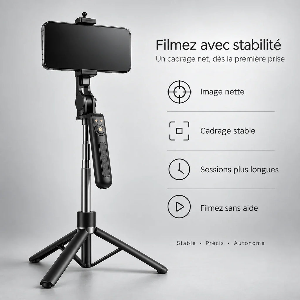 Perche selfie trépied 170 cm noire, fixation du téléphone