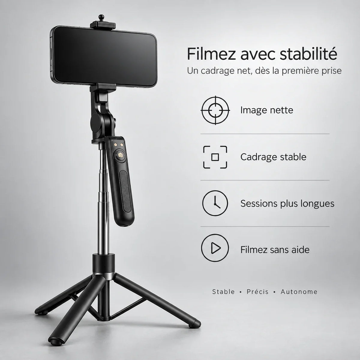 Perche selfie trépied 170 cm noire, fixation du téléphone