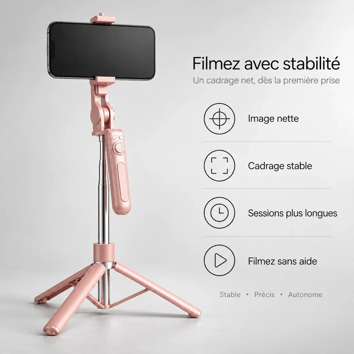 Perche selfie trépied 170 cm rose, fixation du téléphone