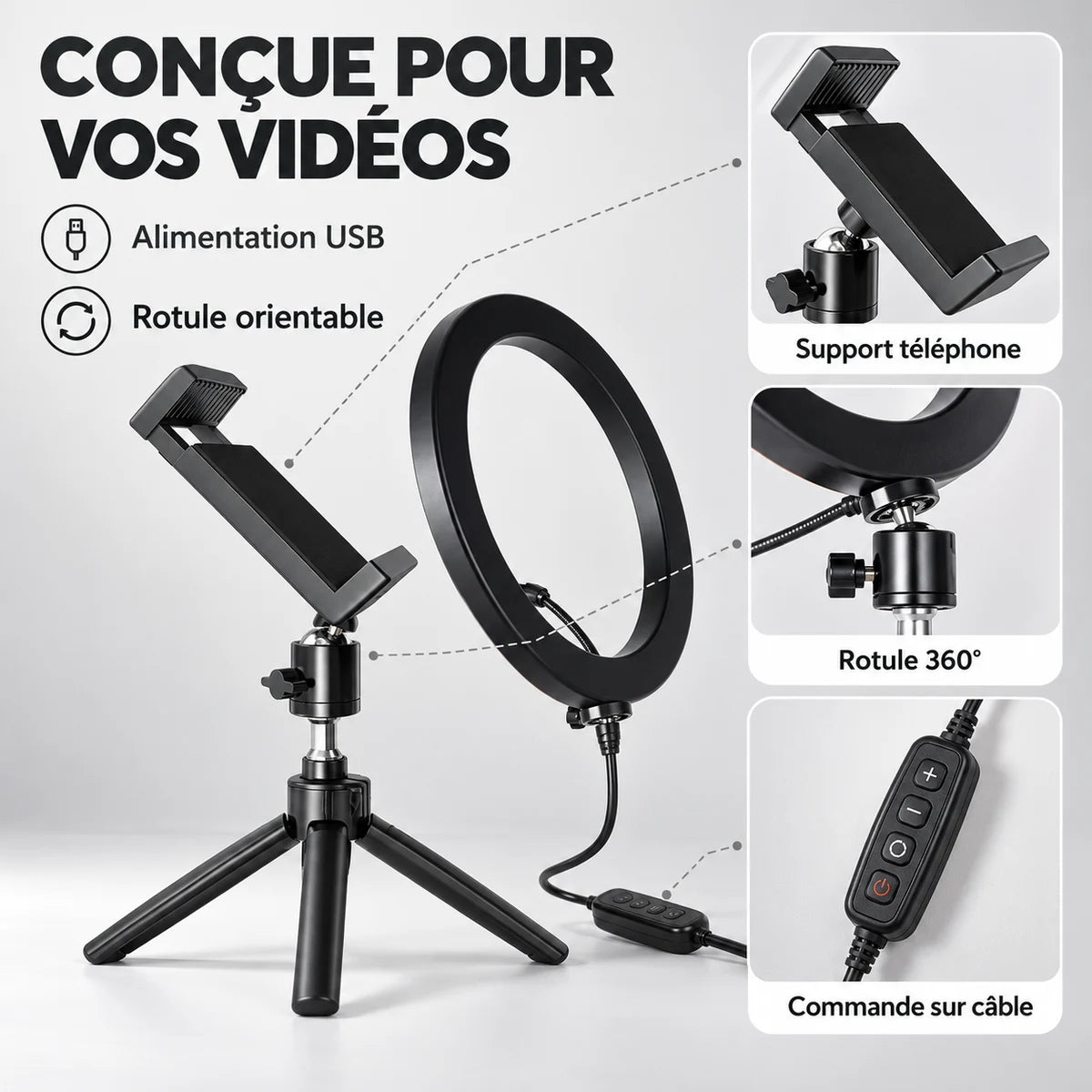 Ring light 26 cm de bureau – détails