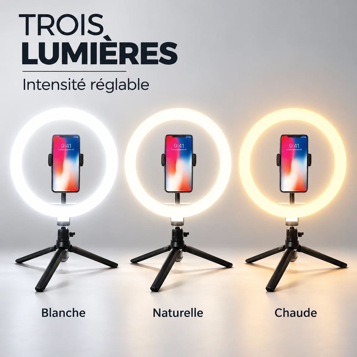 Ring light 26 cm de bureau – trois lumières