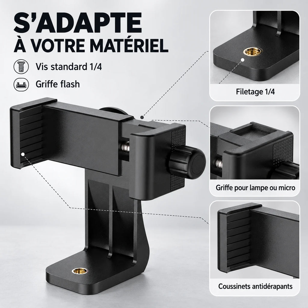 Support téléphone trépied avec griffe flash – détails