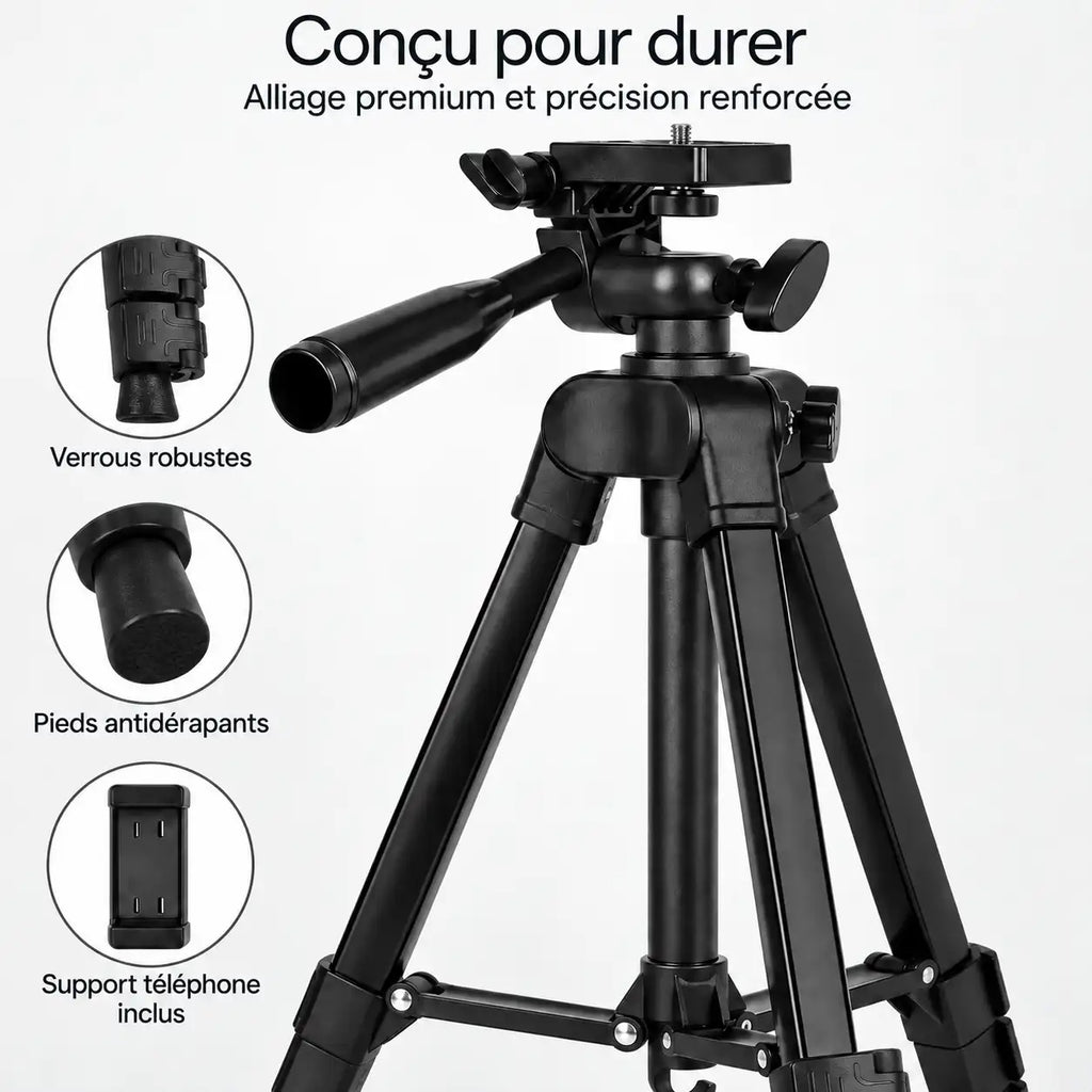 Trépied Appareil Photo 134 CM Noir Aluminium - format plié et transport du trépied pour appareil photo, Tête à Poignée 360°, Support Téléphone & Housse inclus