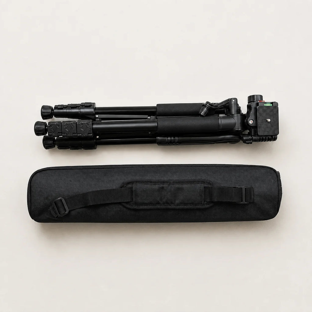 Trépied Appareil Photo 150 CM Aluminium - vue complémentaire du trépied pour appareil photo, Reflex, Hybride & Smartphone, Vis 1/4", Grips Mousse & Sac inclus