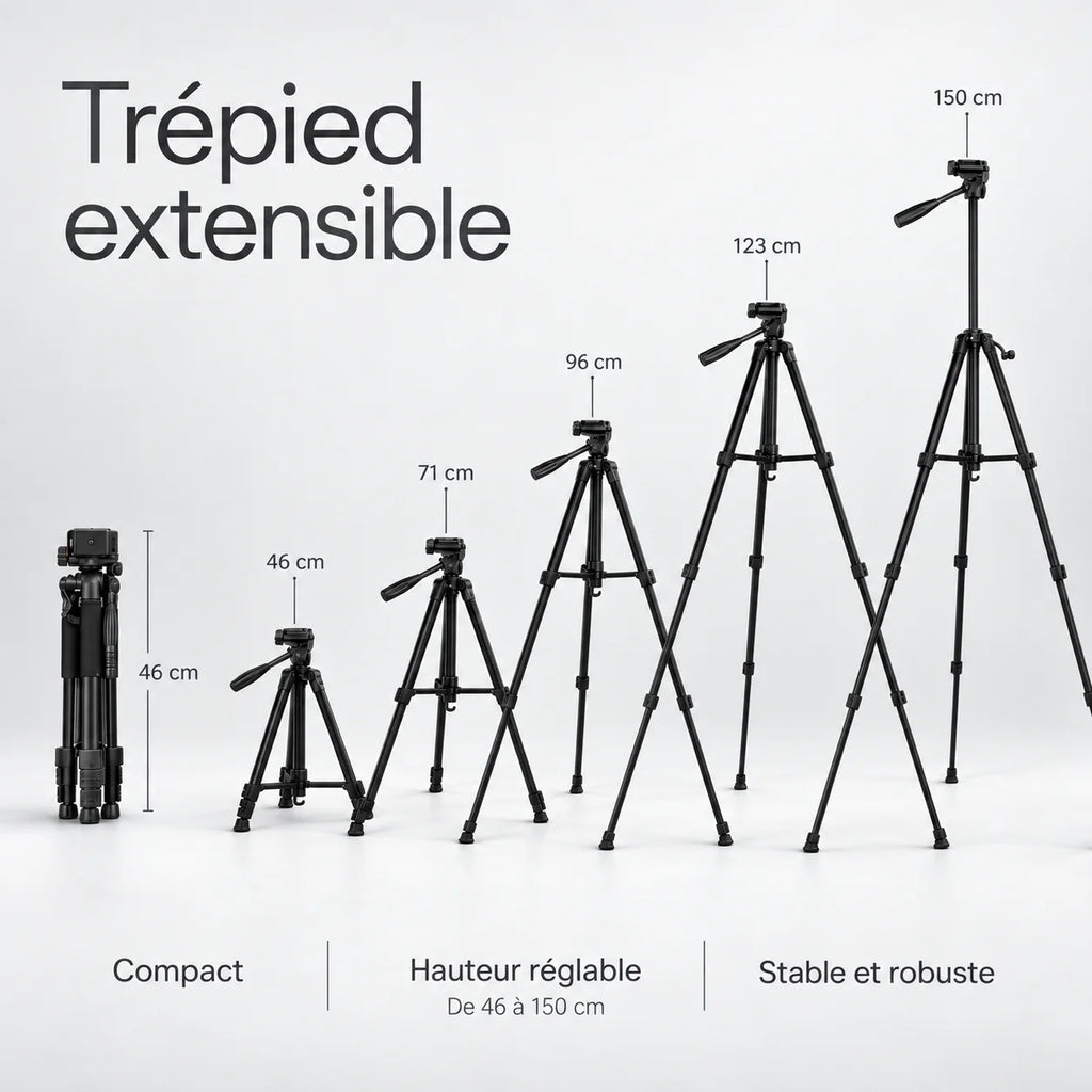Trépied Appareil Photo 150 CM Aluminium - vue de détail du trépied pour appareil photo, Reflex, Hybride & Smartphone, Vis 1/4", Grips Mousse & Sac inclus