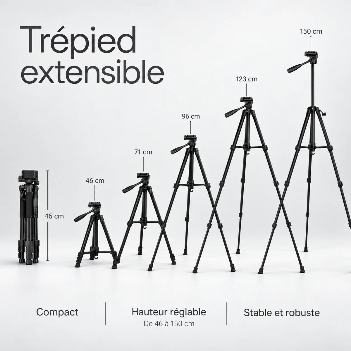 Trépied Appareil Photo 150 CM Aluminium - vue de détail du trépied pour appareil photo, Reflex, Hybride & Smartphone, Vis 1/4", Grips Mousse & Sac inclus