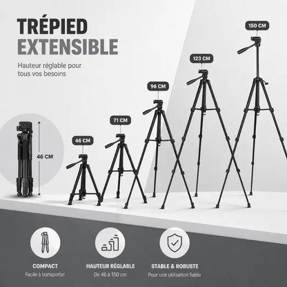 Infographie trépied extensible noir montrant 5 hauteurs : 46 cm replié, 46 cm, 71 cm, 96 cm, 123 cm et 150 cm - 3 avantages : compact, hauteur réglable 46 a 150 cm, stable et robuste