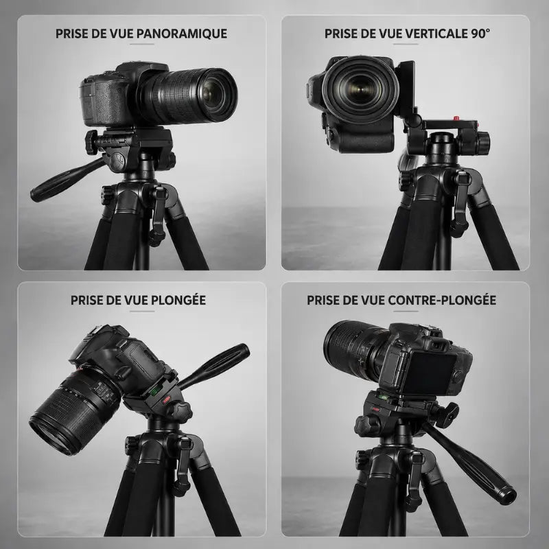 Infographie 4 prises de vue trépied noir : prise de vue panoramique, verticale 90 degres, plongee, contre-plongee - appareil photo reflex monté sur trépied noir