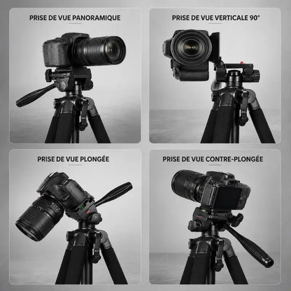 Infographie 4 prises de vue trépied noir : prise de vue panoramique, verticale 90 degres, plongee, contre-plongee - appareil photo reflex monté sur trépied noir