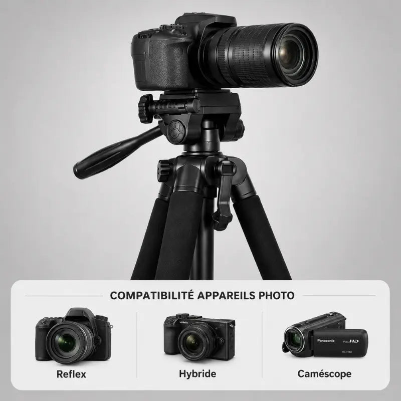Gros plan trépied noir avec appareil photo reflex et grand objectif monté, levier tête 3 voies, grips mousse - infographie compatibilité : reflex, hybride, caméscope