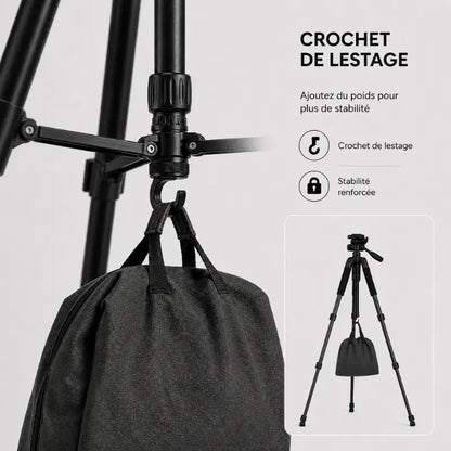 Gros plan crochet de lestage trépied noir avec sac suspendu - infographie crochet de lestage pour plus de stabilité renforcée