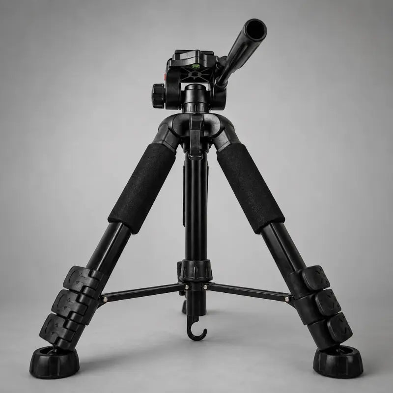 Trépied appareil photo noir grips mousse en position basse sur fond gris, tête 3 voies noire avec levier, quatre pieds très écartés vue de face