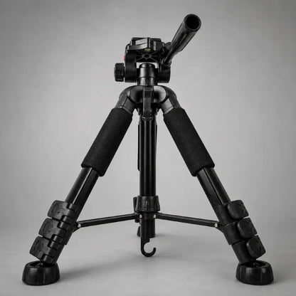 Trépied appareil photo noir grips mousse en position basse sur fond gris, tête 3 voies noire avec levier, quatre pieds très écartés vue de face